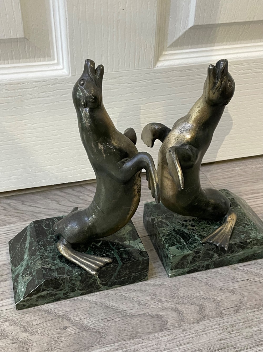Pair of Art Deco French Spelter Sea Lion Bookends on Marble Bases View III
