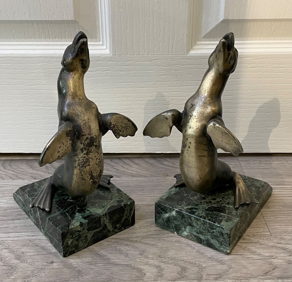 Pair of Art Deco French Spelter Sea Lion Bookends on Marble Bases View IV