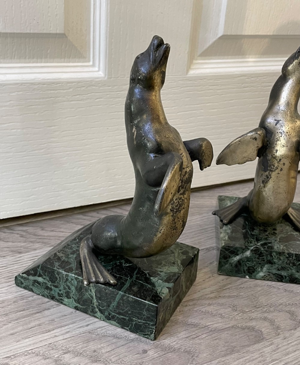 Pair of Art Deco French Spelter Sea Lion Bookends on Marble Bases View V