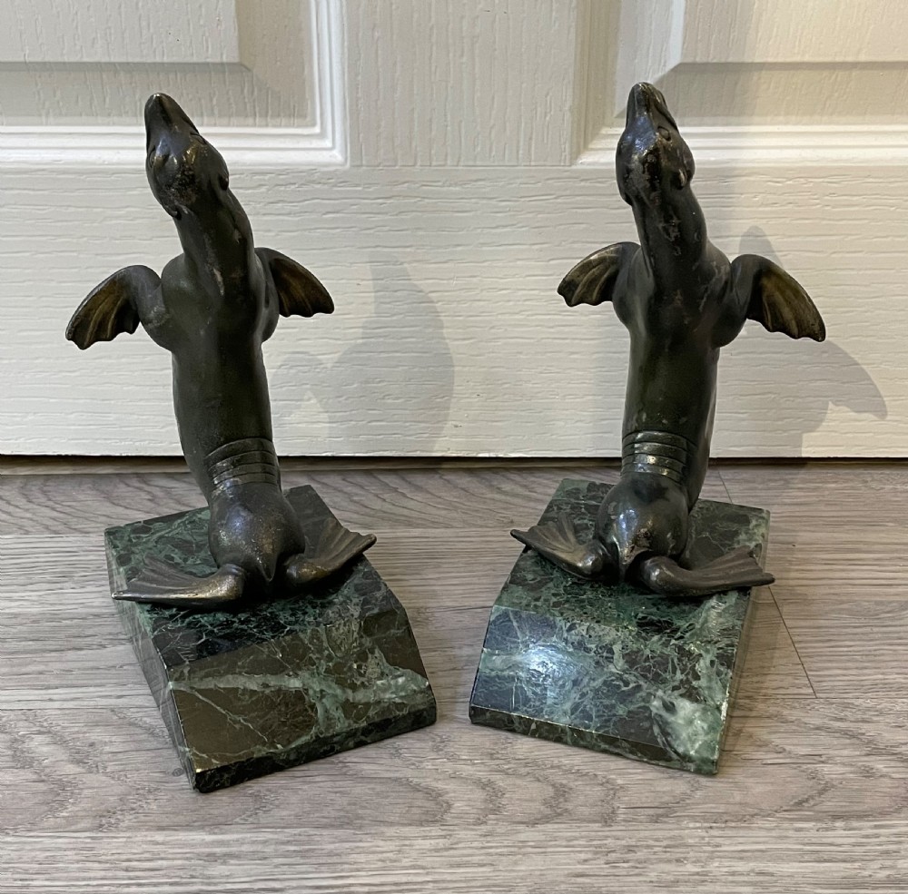 Pair of Art Deco French Spelter Sea Lion Bookends on Marble Bases View VII