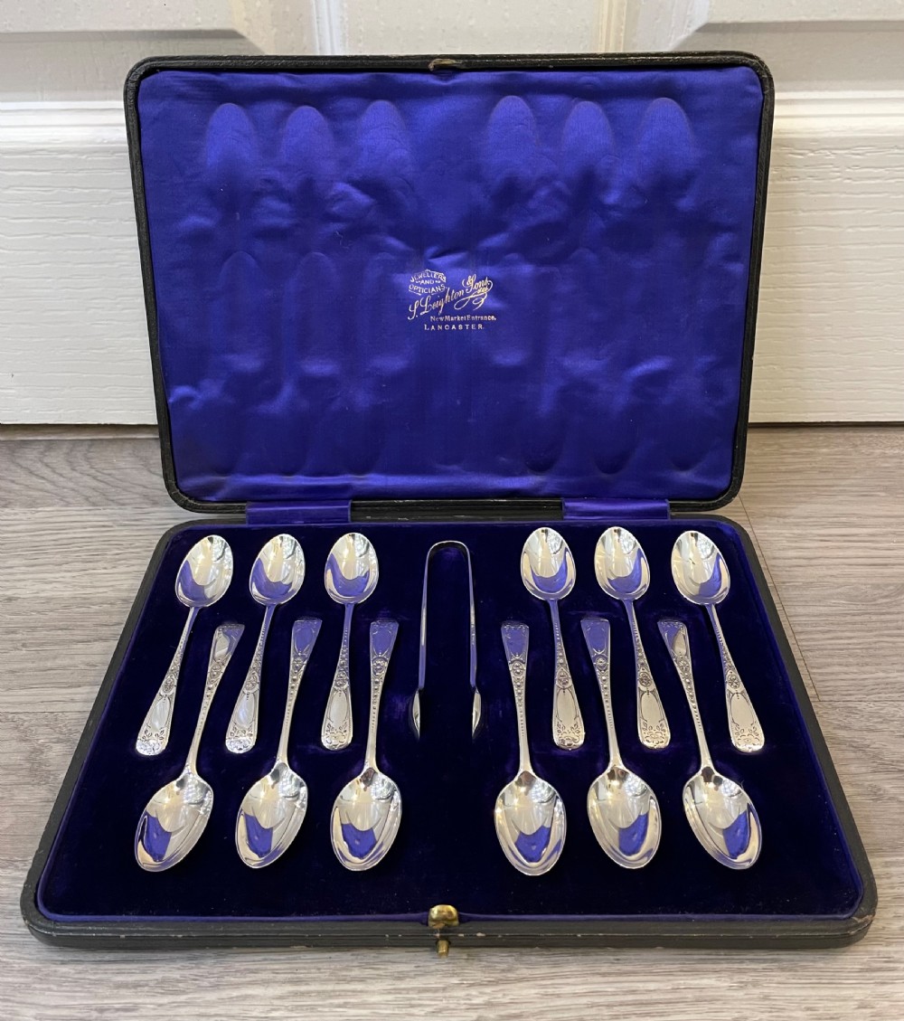 Good Set of 12 George V Solid Silver Teaspoons and Sugar Tongs