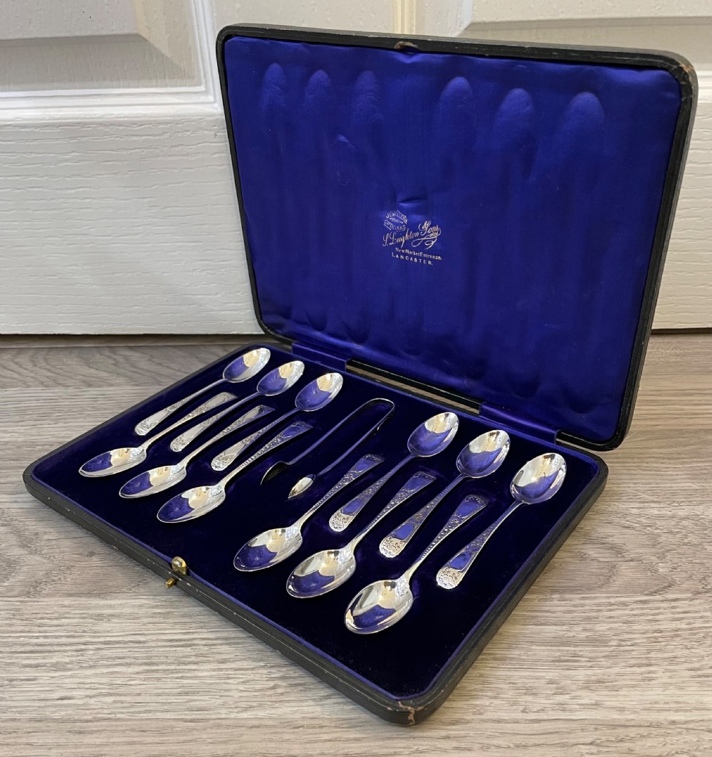 Good Set of 12 George V Solid Silver Teaspoons and Sugar Tongs View II
