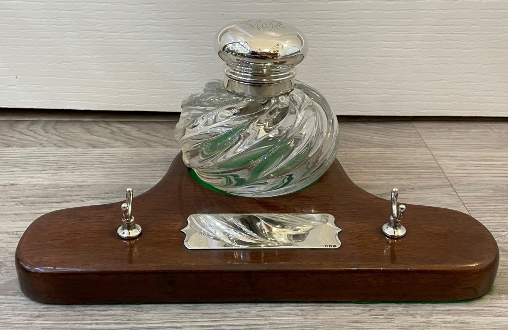 Large Victorian Silver Topped Inkwell & Stand, Hukin & Heath