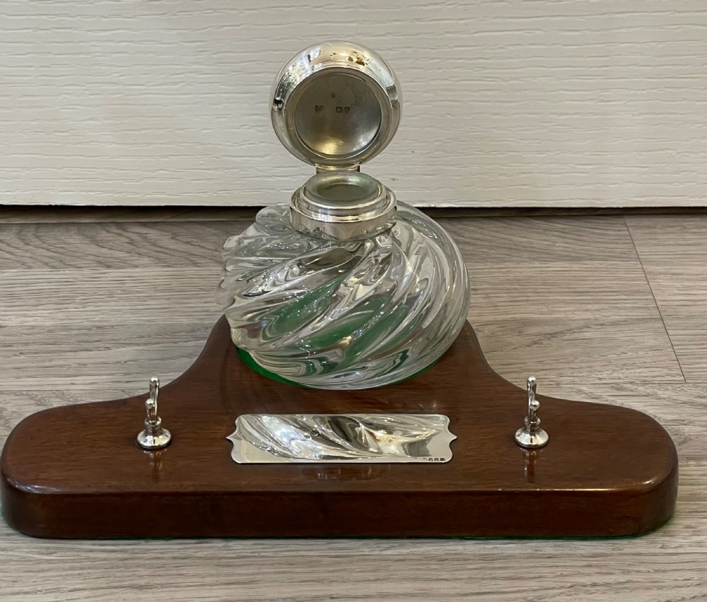 Large Victorian Silver Topped Inkwell & Stand, Hukin & Heath View VI