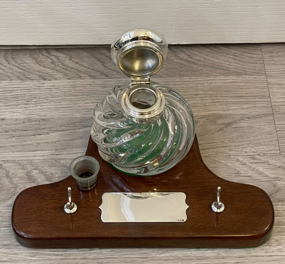 Large Victorian Silver Topped Inkwell & Stand, Hukin & Heath View VII