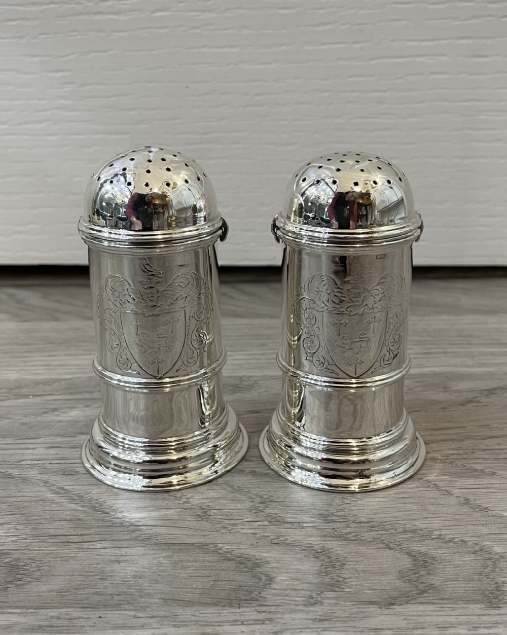 Good Pair of George V Solid Silver Peppers, Bayonet Top