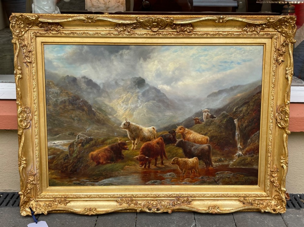 Superb Victorian Highland Cattle Oil Painting by Robert Watson (1855-1921) View II