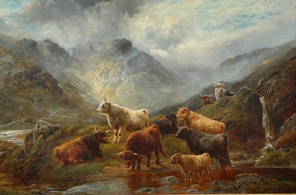 Superb Victorian Highland Cattle Oil Painting by Robert Watson (1855-1921) View VI