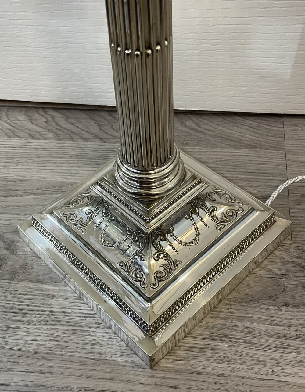 Large Victorian Silver Plated Corinthian Column Table Lamp View II