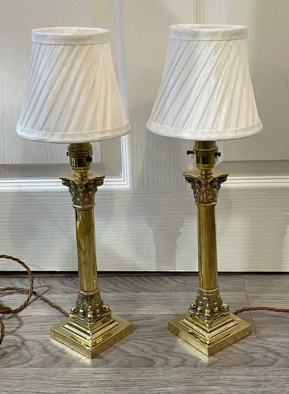 Pair Corinthian Column Brass Table Lamps