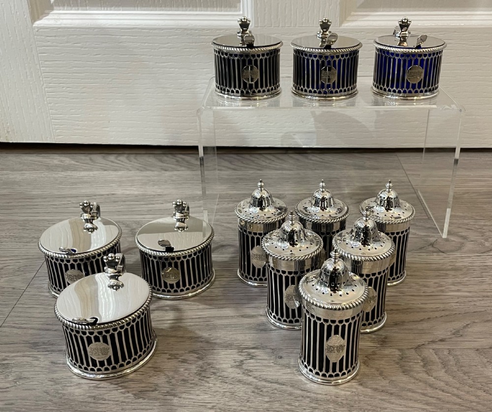 Rare Edwardian Twelve Piece Solid Silver Mustard and Pepper Condiment Set by Elkington 1909 View II