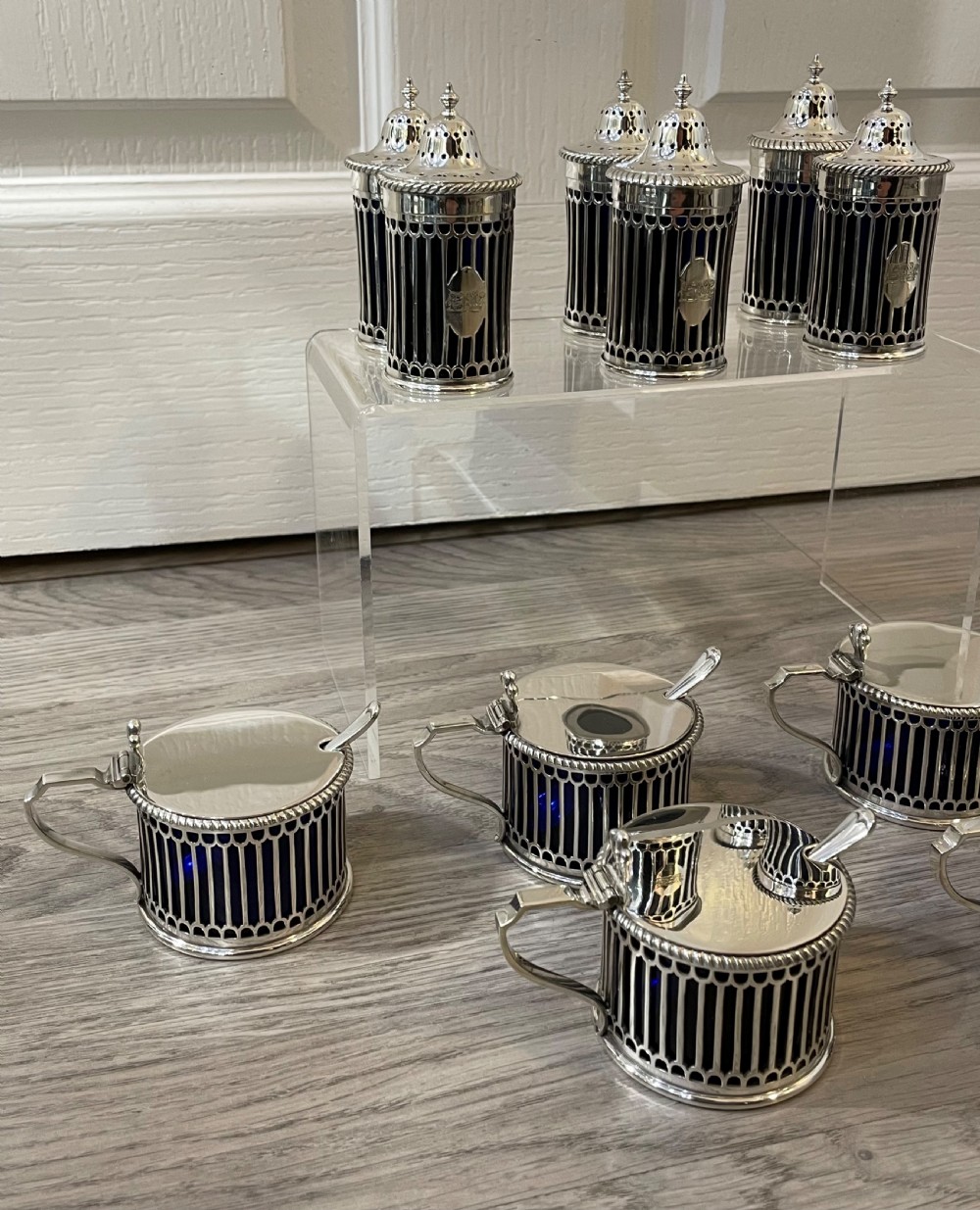 Rare Edwardian Twelve Piece Solid Silver Mustard and Pepper Condiment Set by Elkington 1909 View III