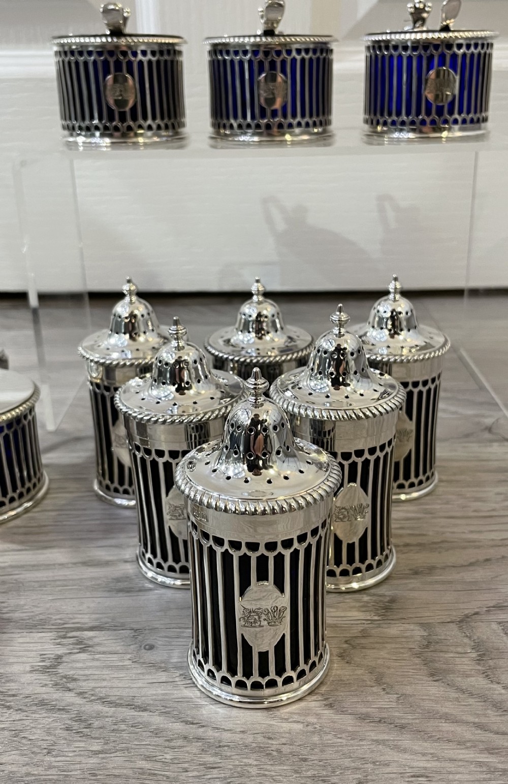 Rare Edwardian Twelve Piece Solid Silver Mustard and Pepper Condiment Set by Elkington 1909 View V