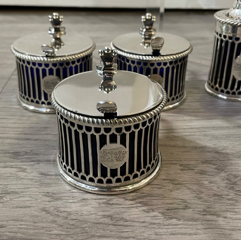 Rare Edwardian Twelve Piece Solid Silver Mustard and Pepper Condiment Set by Elkington 1909 View VI