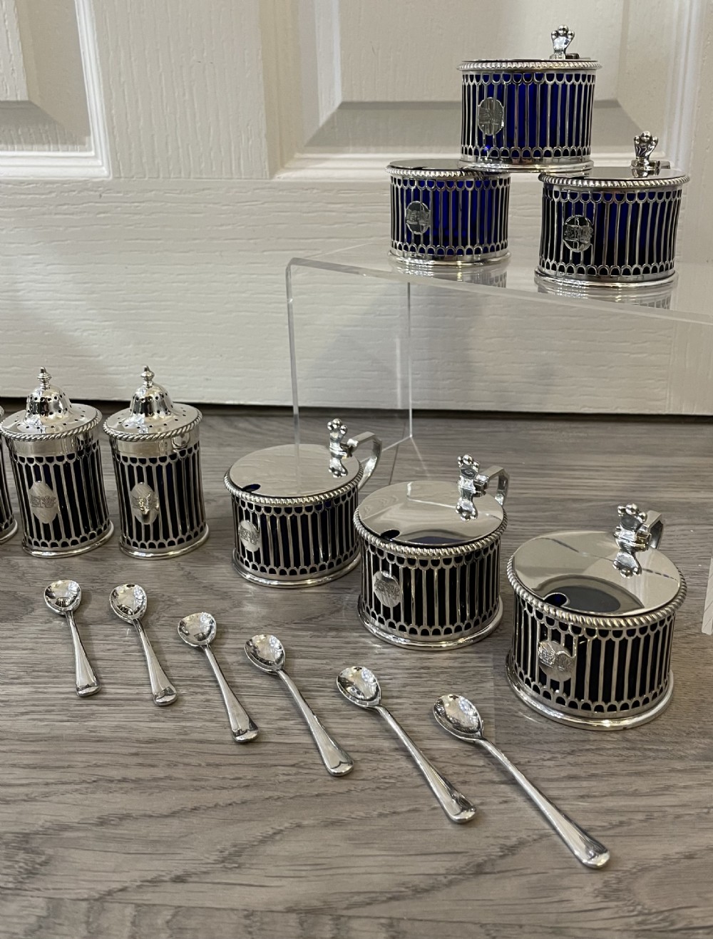 Rare Edwardian Twelve Piece Solid Silver Mustard and Pepper Condiment Set by Elkington 1909 View VIII