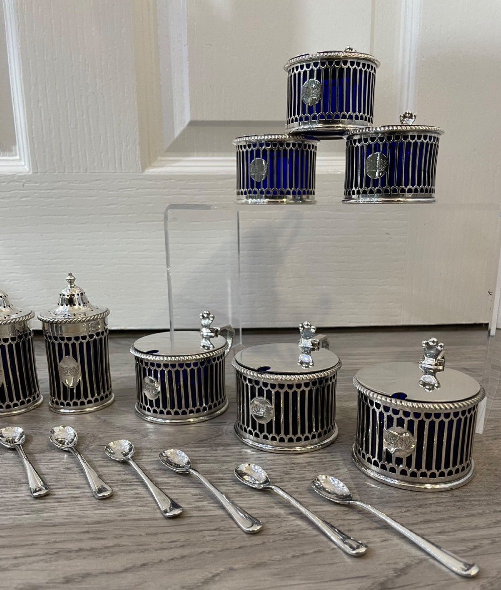 Rare Edwardian Twelve Piece Solid Silver Mustard and Pepper Condiment Set by Elkington 1909 View IX