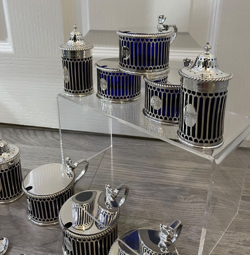 Rare Edwardian Twelve Piece Solid Silver Mustard and Pepper Condiment Set by Elkington 1909 View X