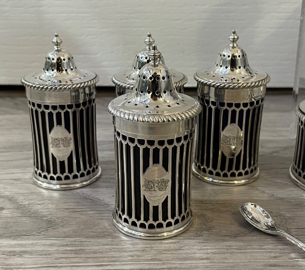Rare Edwardian Twelve Piece Solid Silver Mustard and Pepper Condiment Set by Elkington 1909 View XI