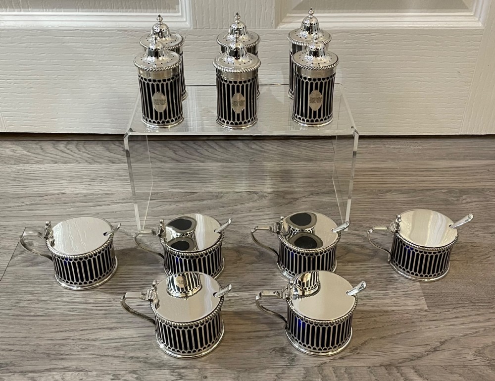 Rare Edwardian Twelve Piece Solid Silver Mustard and Pepper Condiment Set by Elkington 1909 View XII