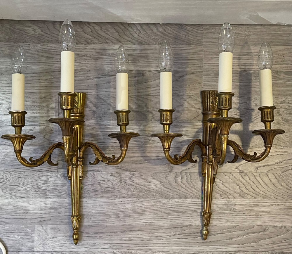 Pair of French Gilded Bronze Three Light Wall Lights 