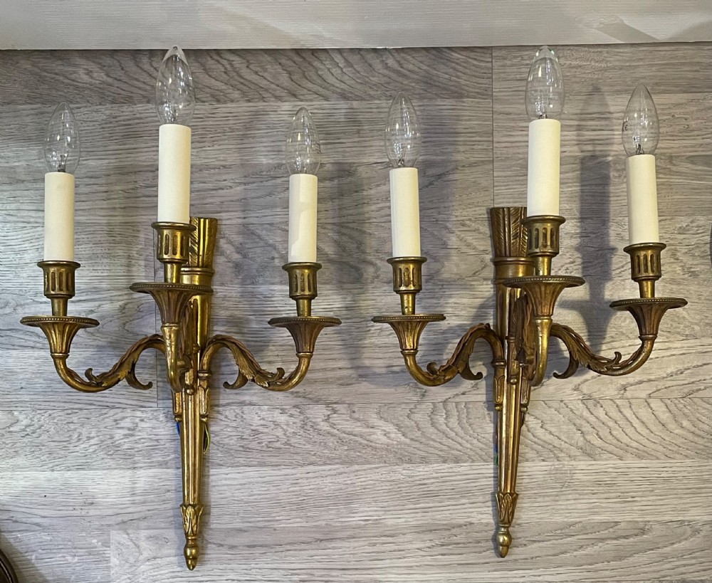 Pair of French Gilded Bronze Three Light Wall Lights  View II