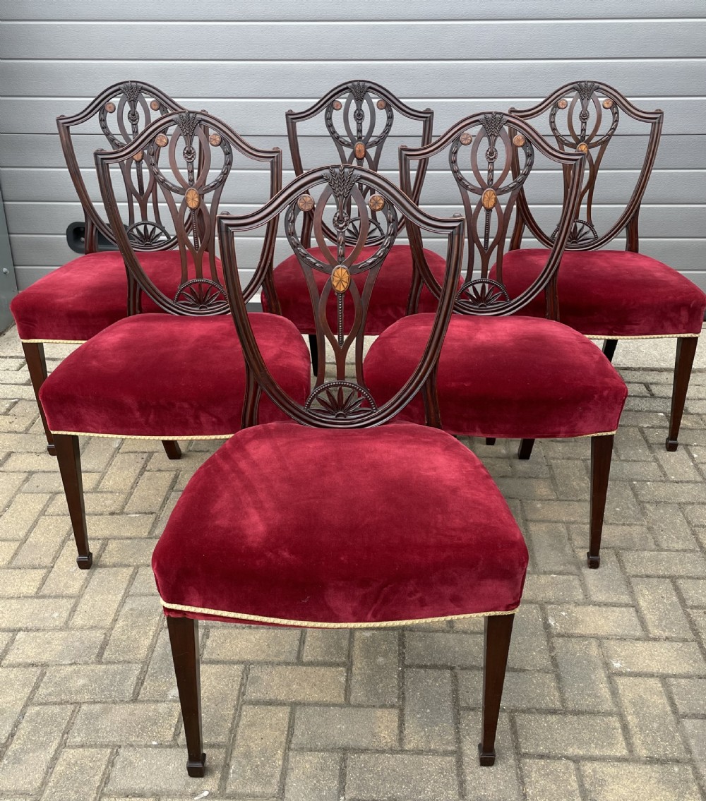 A Quality Set Of Six Mahogany Sheraton Revival Wheat Sheaf Shield Back Dining Chairs