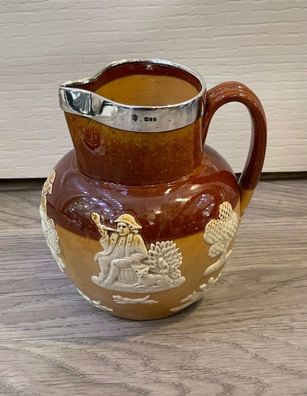 Large Victorian Doulton Lambeth Stoneware Jug with silver rim, 1896