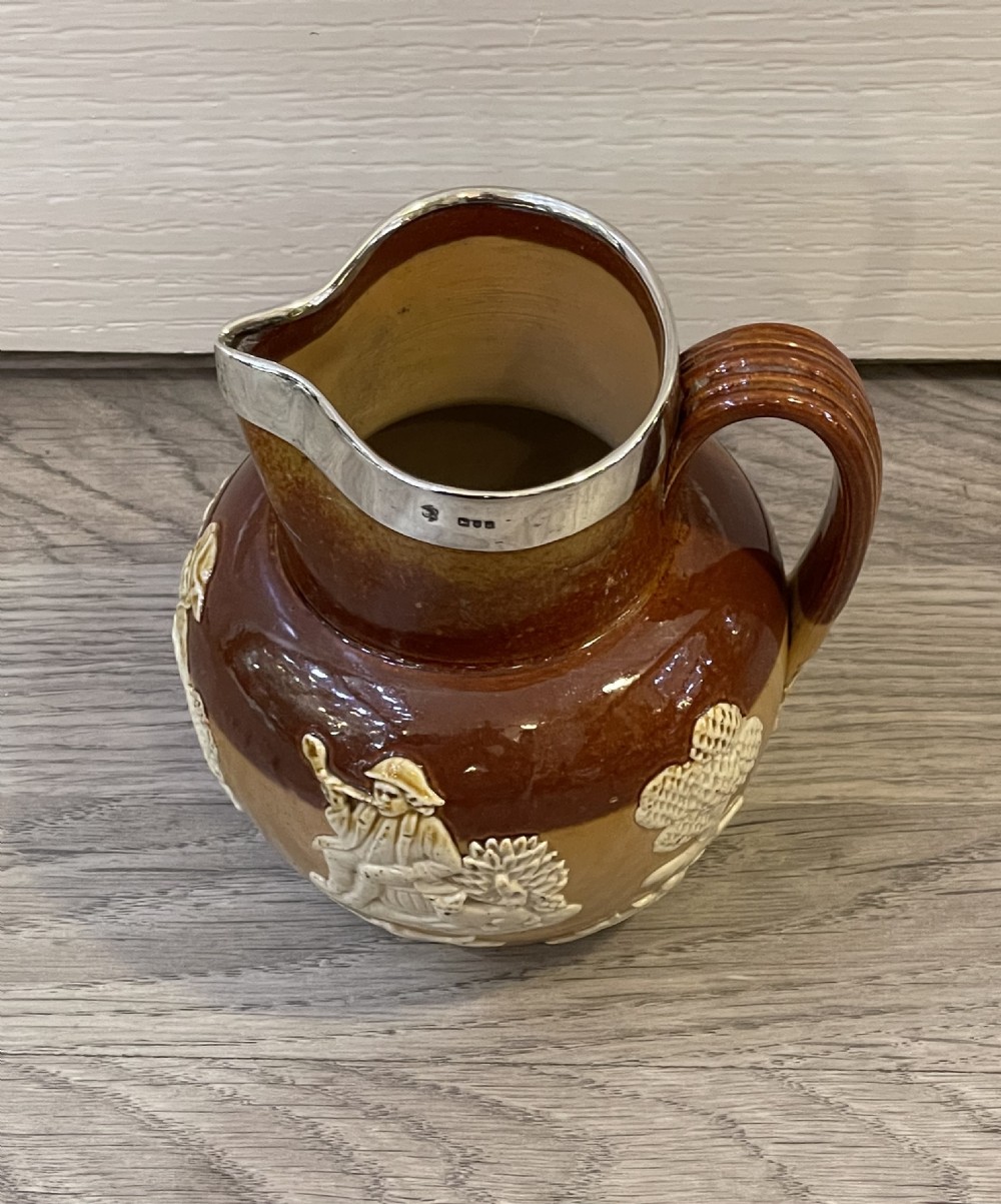Large Victorian Doulton Lambeth Stoneware Jug with silver rim, 1896 View IV