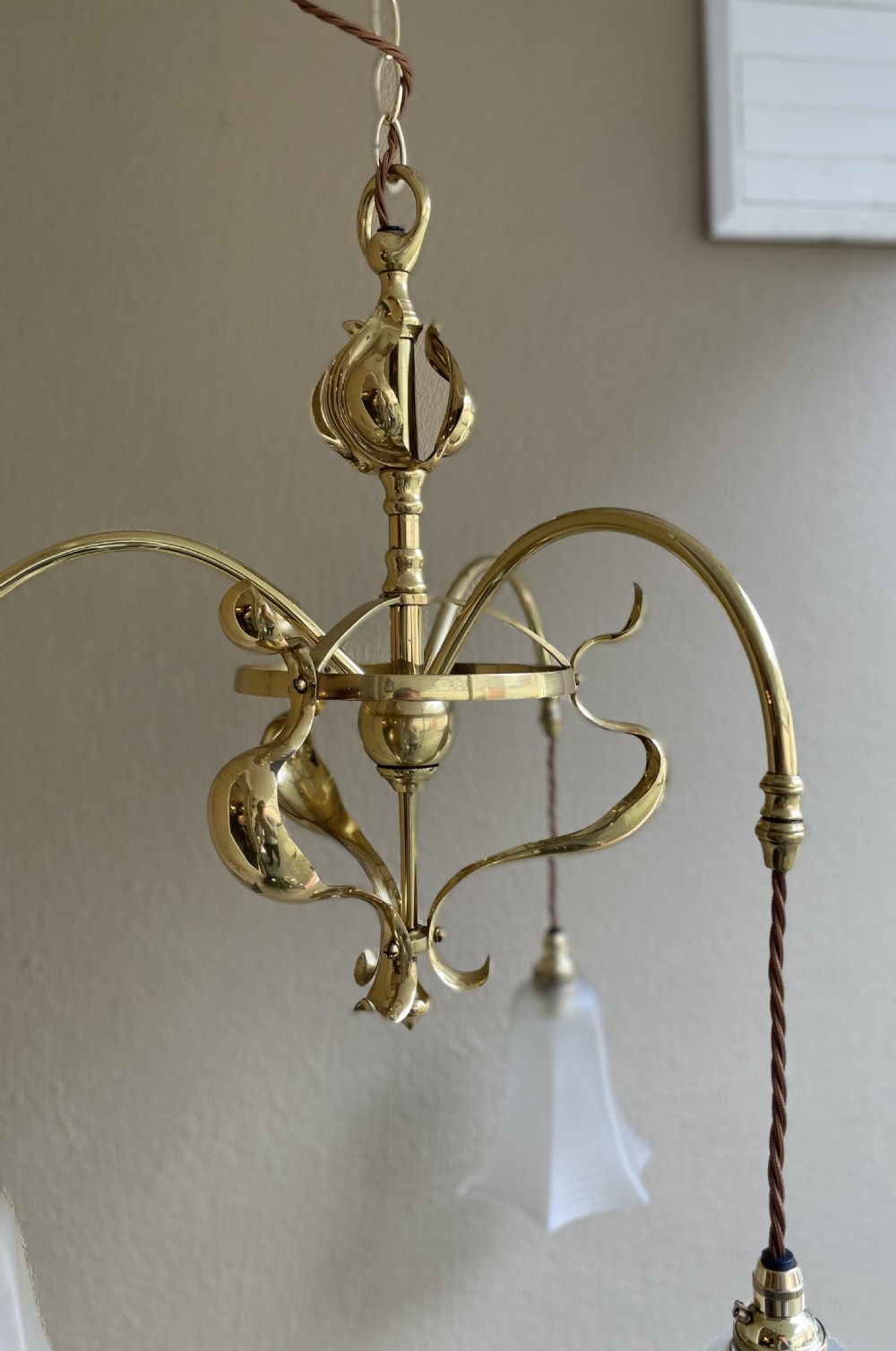 Arts & Crafts Brass Three Arm Chandelier View IV
