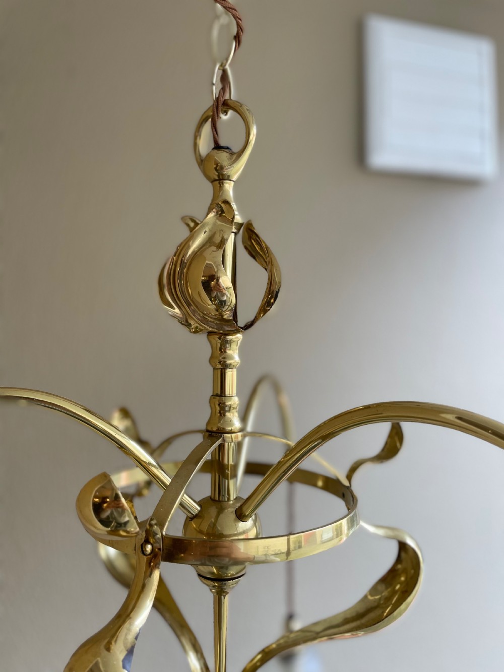 Arts & Crafts Brass Three Arm Chandelier View V