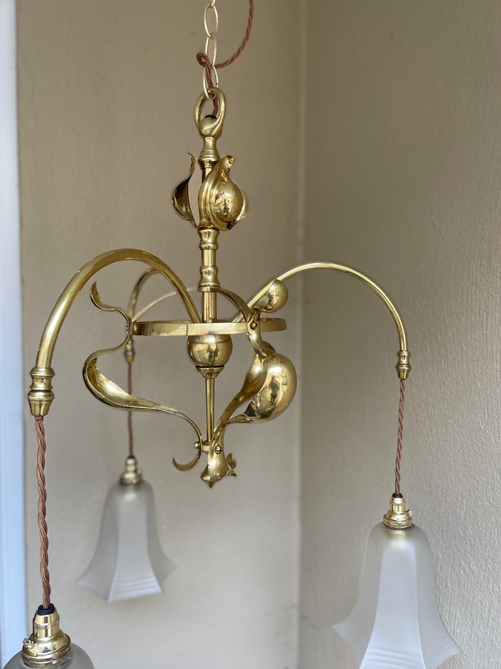 Arts & Crafts Brass Three Arm Chandelier View VI
