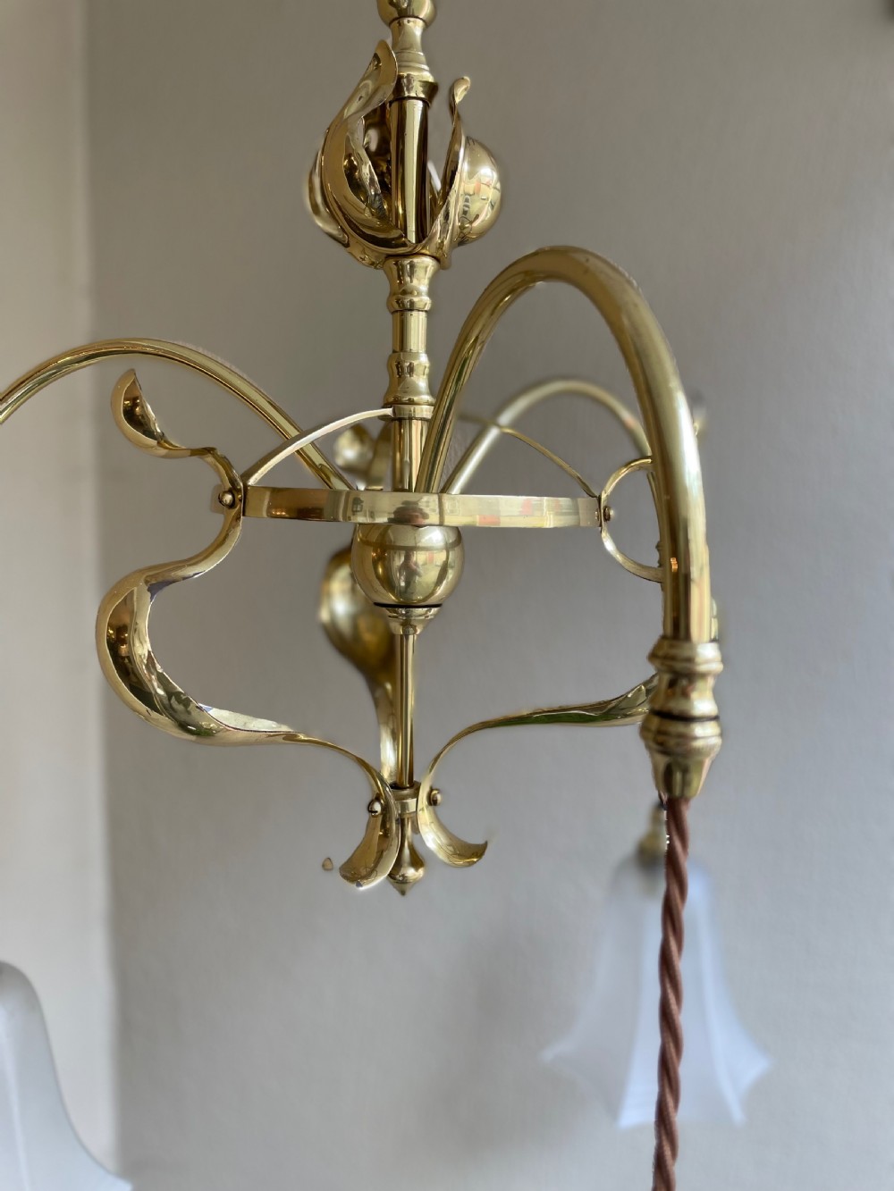 Arts & Crafts Brass Three Arm Chandelier View VIII