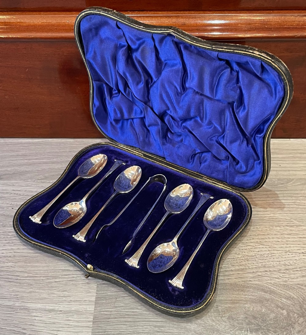 Six Edwardian Solid Silver Onslow Pattern Tea Spoons & Tonge View III