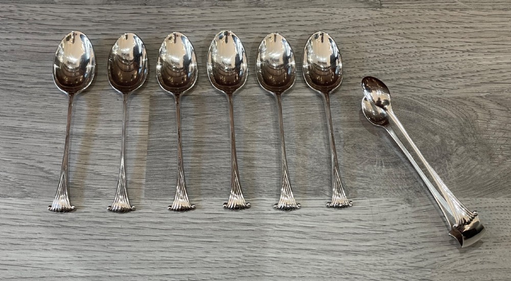 Six Edwardian Solid Silver Onslow Pattern Tea Spoons & Tonge View IV