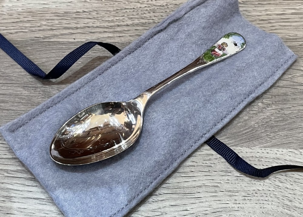George V Solid Silver Christening Childs Spoon with Enamel Decoration 