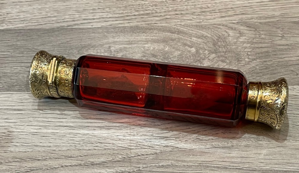 Victorian Ruby Glass & Silver Gilt Double Ended Scent Bottle, Sampson Mordan View V