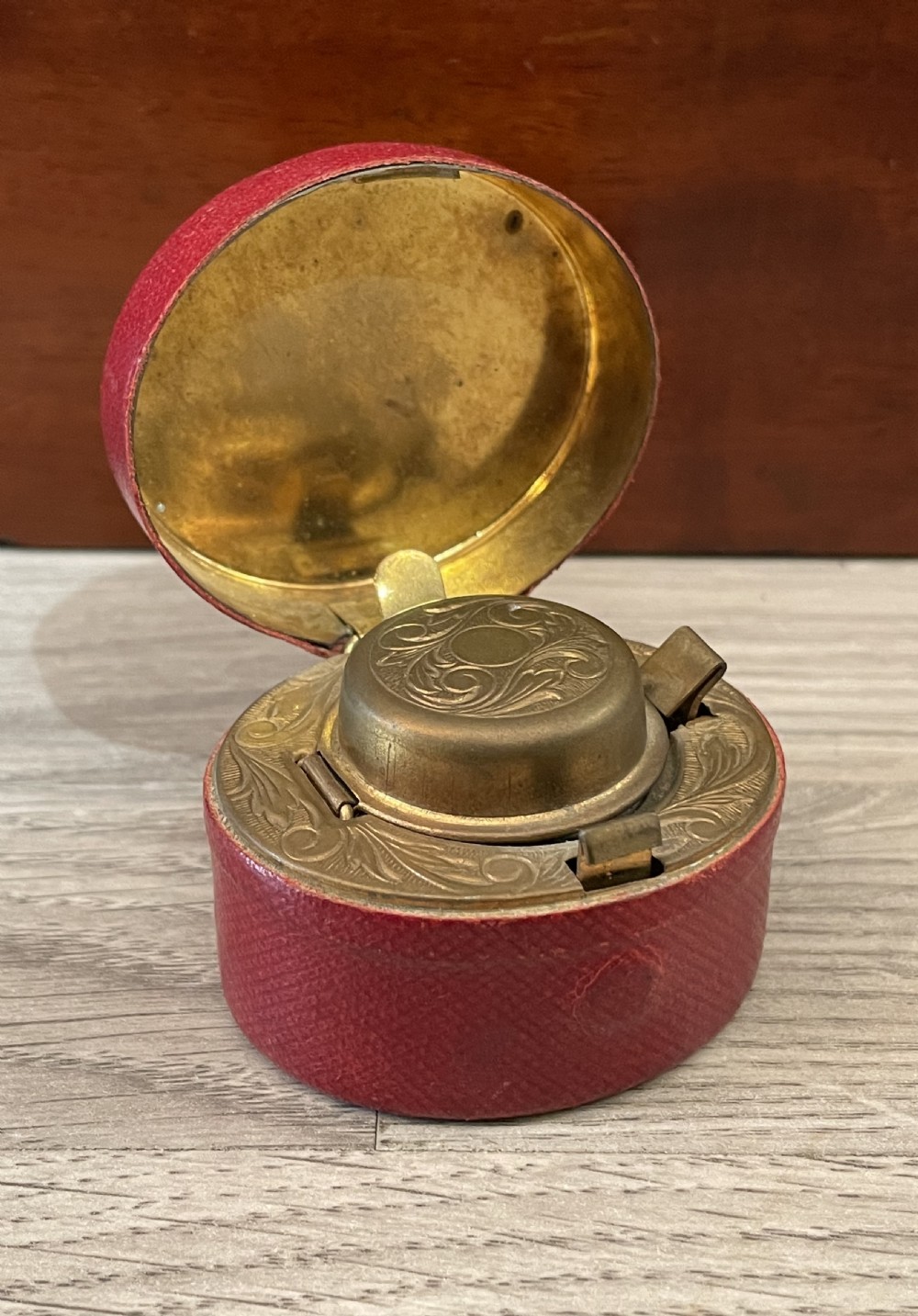 Victorian Gilt Brass & Leather Travelling Inkwell View II