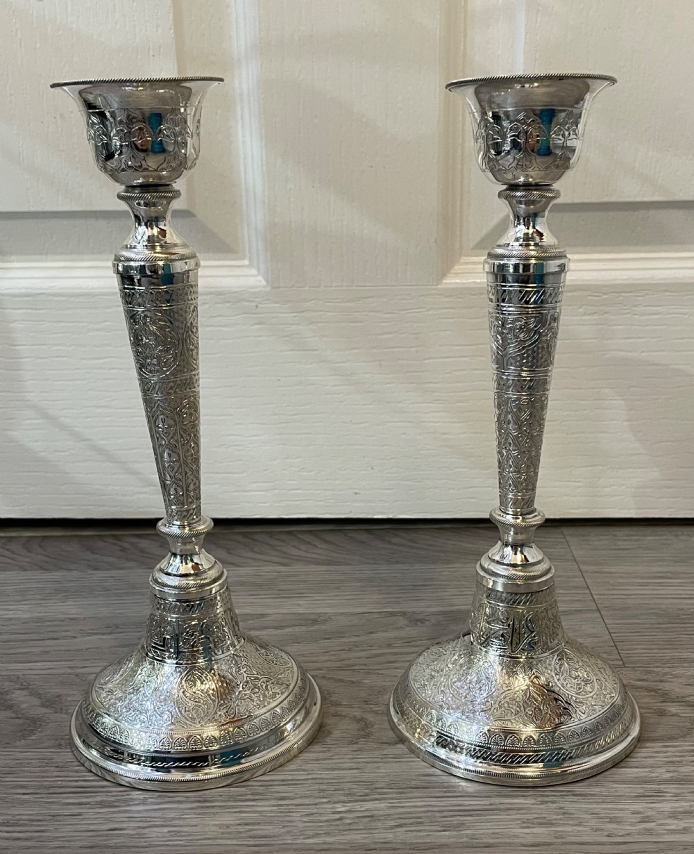 Pair of Egyptian Solid Silver Candlesticks