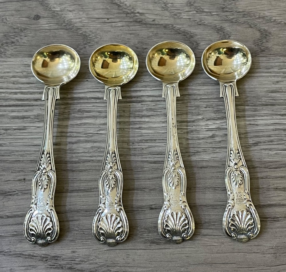 Set of Four Victorian Kings Patter Silver Salt Spoons by Elkington View III