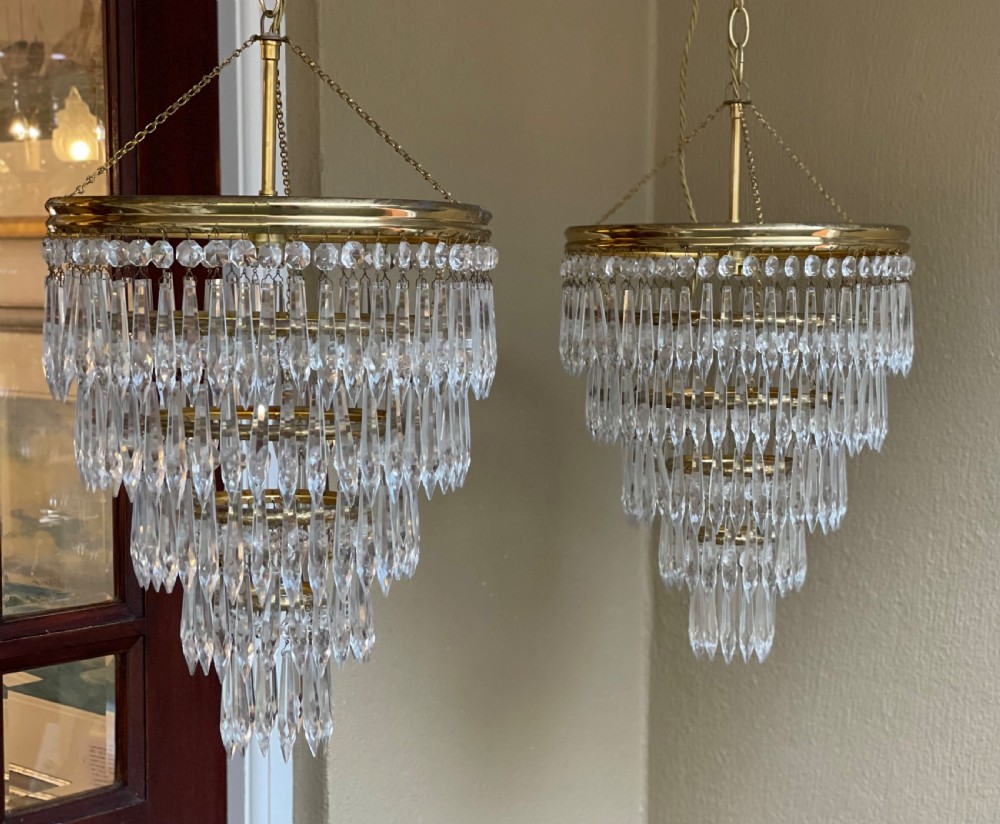 Good Pair of Five Tier Waterfall Chandeliers