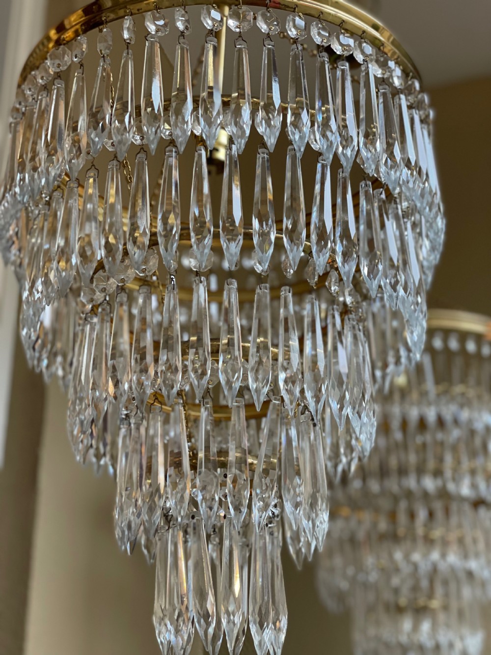 Good Pair of Five Tier Waterfall Chandeliers View II