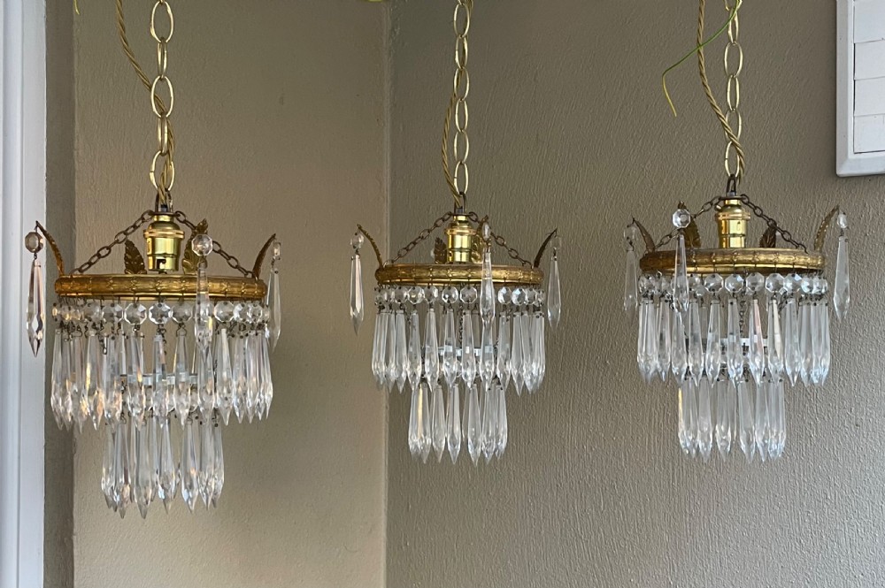 Set Three Gilt Brass & Glass Waterfall Chandeliers 
