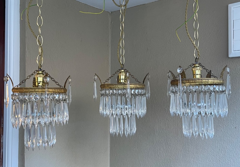 Set Three Gilt Brass & Glass Waterfall Chandeliers  View II