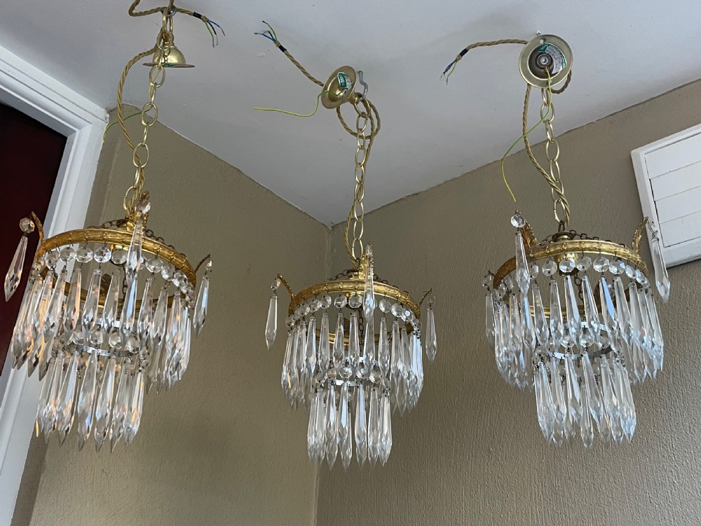 Set Three Gilt Brass & Glass Waterfall Chandeliers  View V