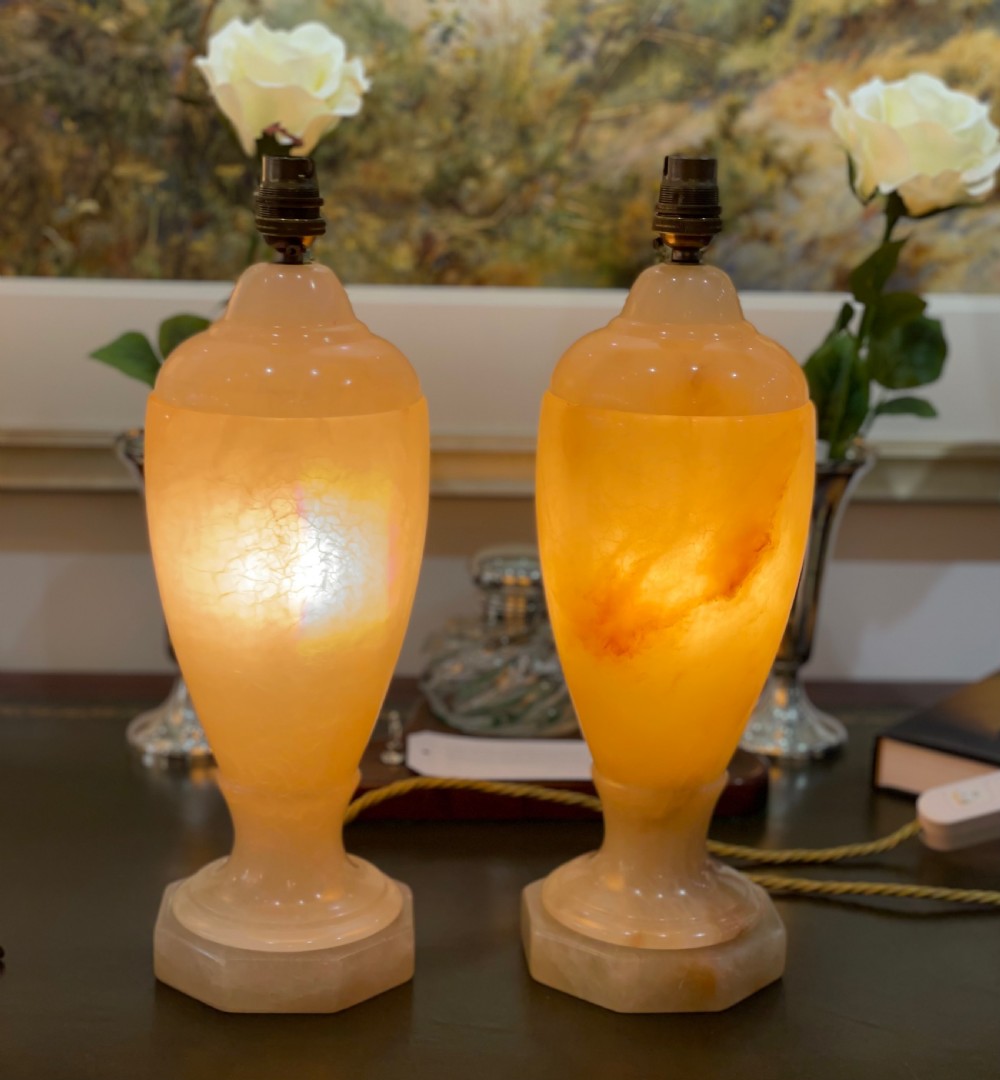 Superb Pair of Twin Bulb Polished Alabaster Table Lamps, Circa 1930