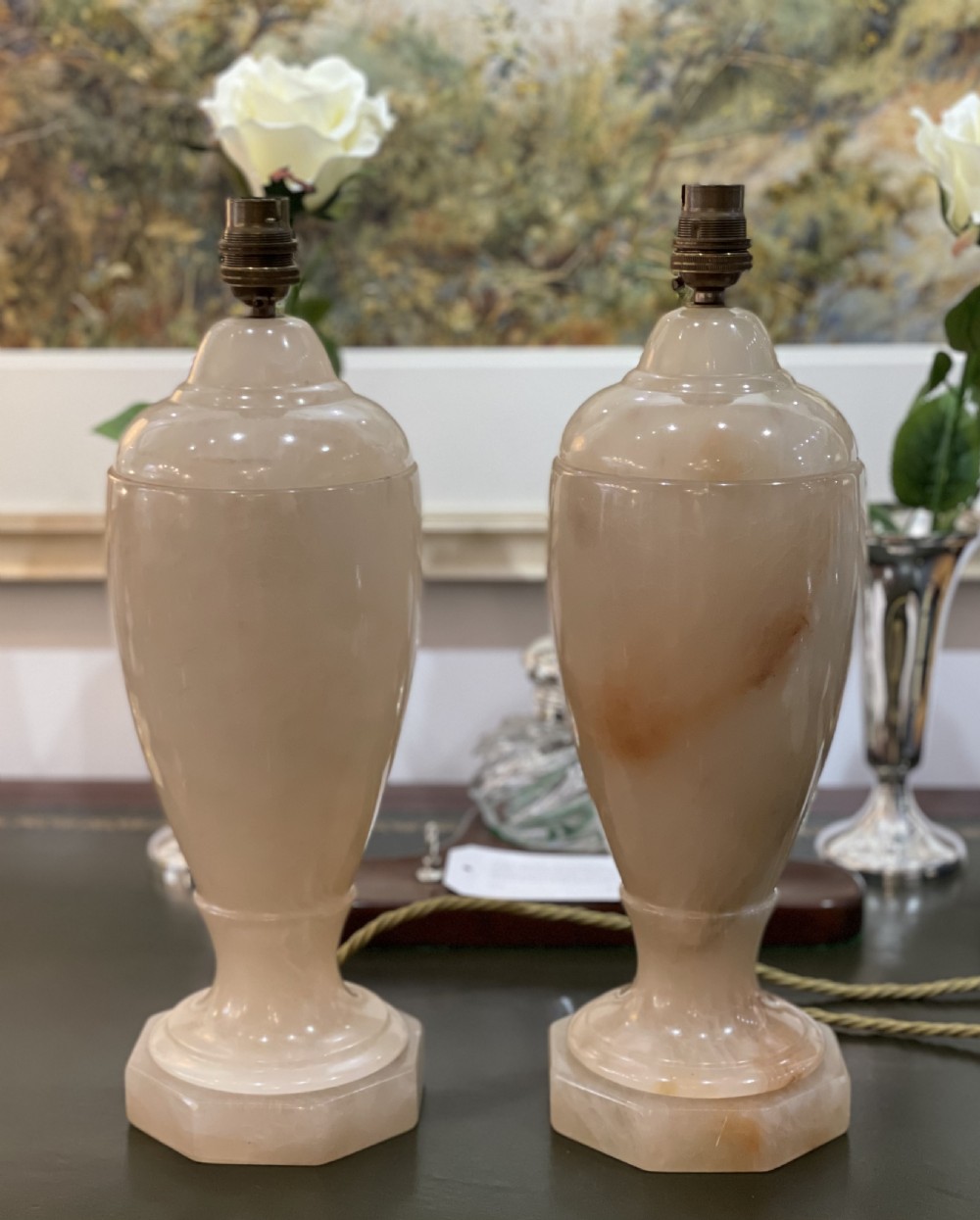 Superb Pair of Twin Bulb Polished Alabaster Table Lamps, Circa 1930 View II