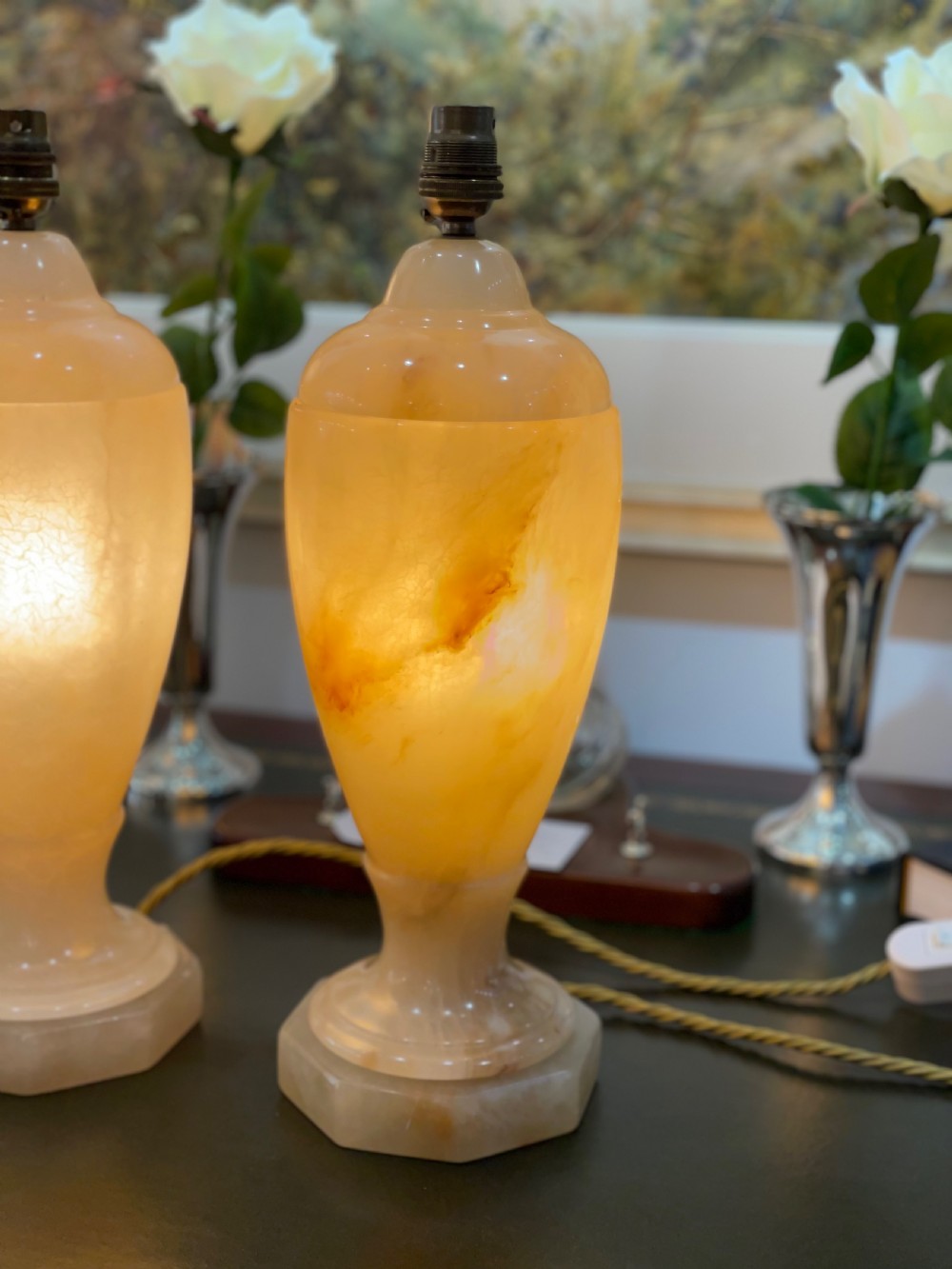 Superb Pair of Twin Bulb Polished Alabaster Table Lamps, Circa 1930 View V