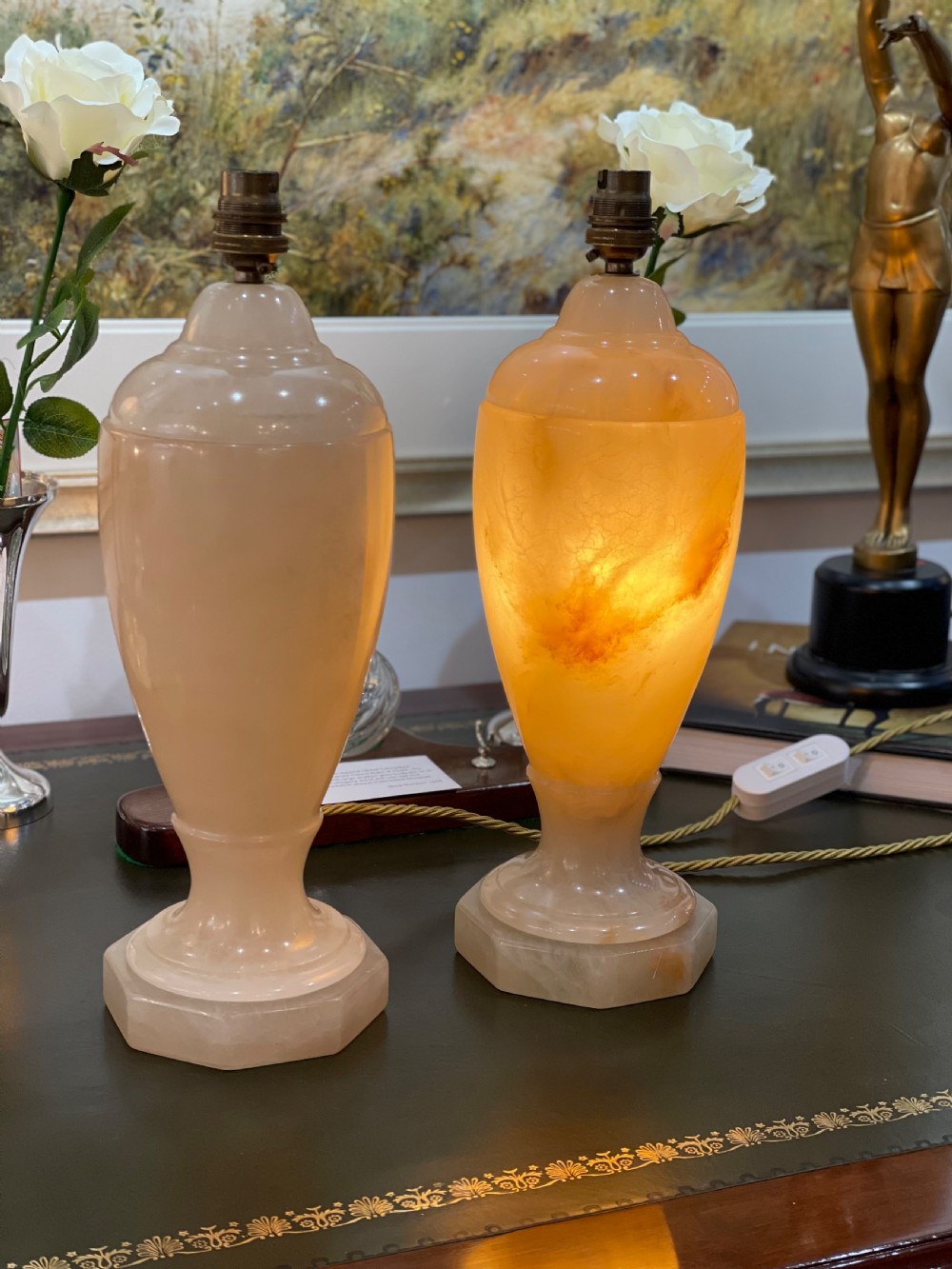Superb Pair of Twin Bulb Polished Alabaster Table Lamps, Circa 1930 View VI
