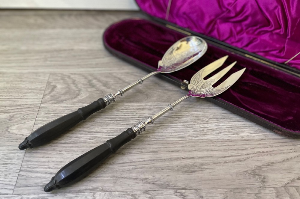 Fantastic Pair of Victorian Silver Salad Servers, Cased