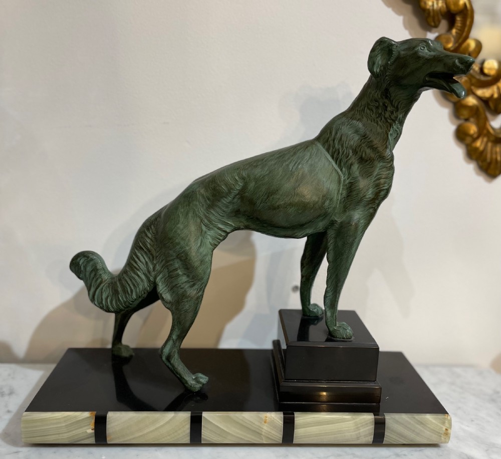 Art Deco French Patinated Spelter Statue of a Wolfhound View IV